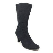 Prada Italy Mid Calf Boots Shoes Womens Size 38 EU 8 US Black Fabric Side Zip Up