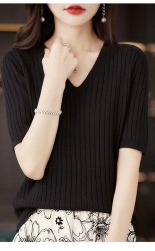 Damen Pullover Kurzarm V-Ausschnitt Slim Fit Shirt Mode Pulli dünner Strick - Bild 23 von 36