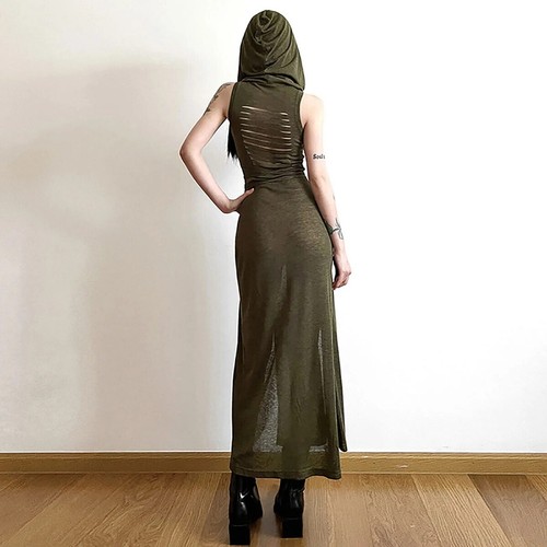 Women Gothic Ruffles Mesh Sleeveless Midi Hooded Dress Sexy Split Party Dresses - Picture 12 of 16