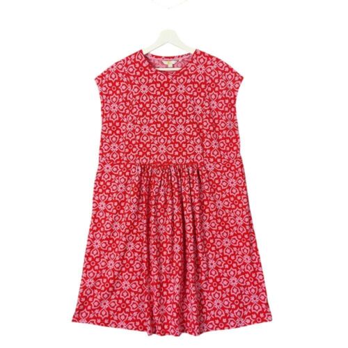Boden Red Pink Floral Summer Dress Womens 14Long Cap Sleeve Empire Waist Pocket