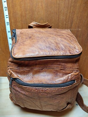 #ad Back Pack 9quot; Brown Leather Mexico Zip Together Adjustable Straps Nice Quality