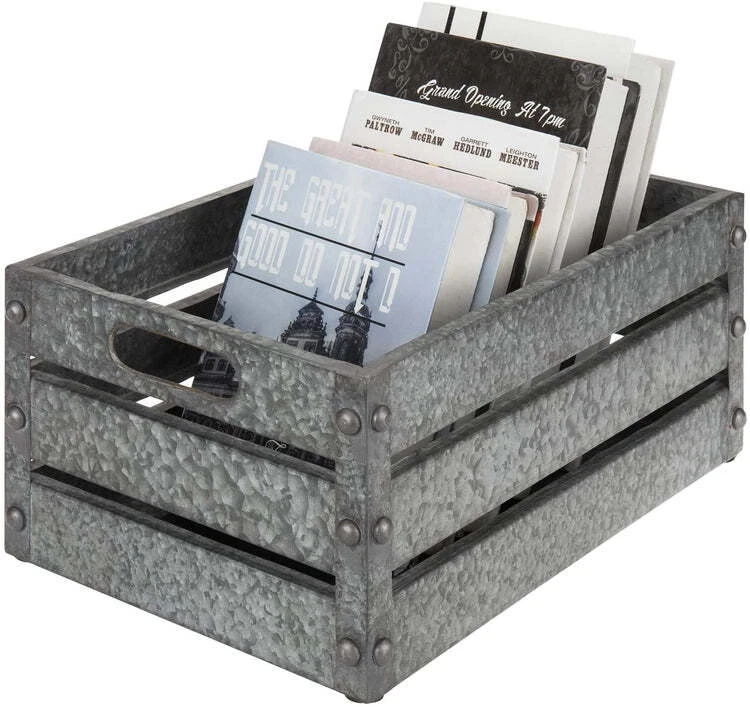 16-inch Silver Galvanized Metal Storage Crate w/ Vintage Corner Studs & Handles - Image 3 of 4