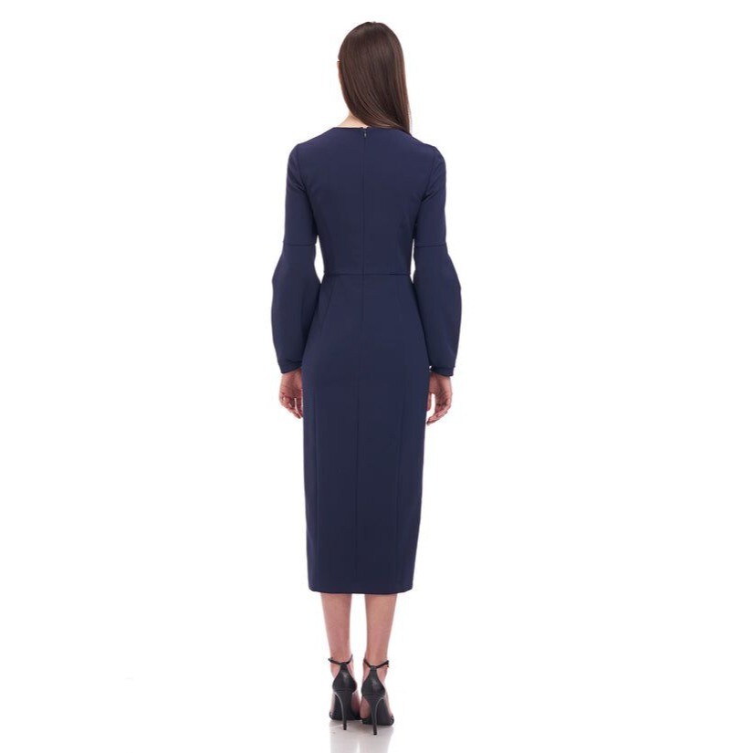 Kay Unger Greyson Pleated Sleeve Crepe Midi Dress Navy Womens Size 4