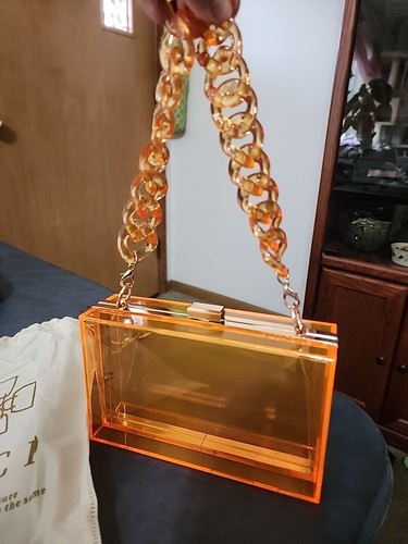 NIB WJCD Women's Acrylic Transparent Florescent Orange Purse Clutch Bag 2 Straps - Picture 3 of 16