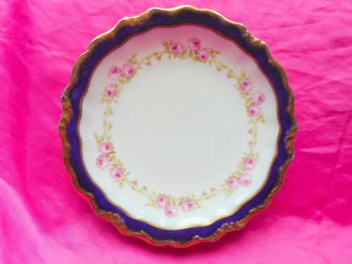 "Limoges 2 platos para pasteles rosas rosa azul cobalto dorado C. Ahrenfeldt 8,75" - Imagen 5 de 8