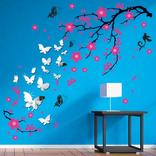 Flower Mirror Butterfly Spring Blossom Wall Stickers Bedroom Art Decal Decals - Picture 2 of 6