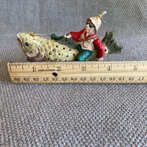 Fisherman Ornament Riding Giant Rainbow Trout Fish Novelty Hanging Christmas - Picture 7 of 7