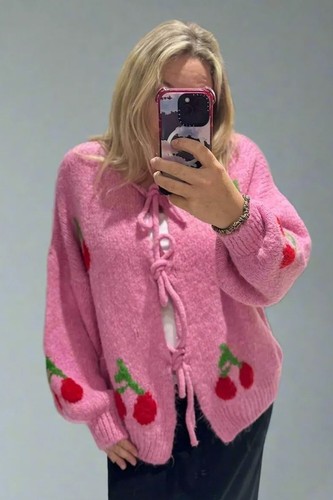 Women's Cherry Print Tie-Front Fashion Cardigan – Knitted Jumper Top, Sizes 8-16 - Picture 4 of 4