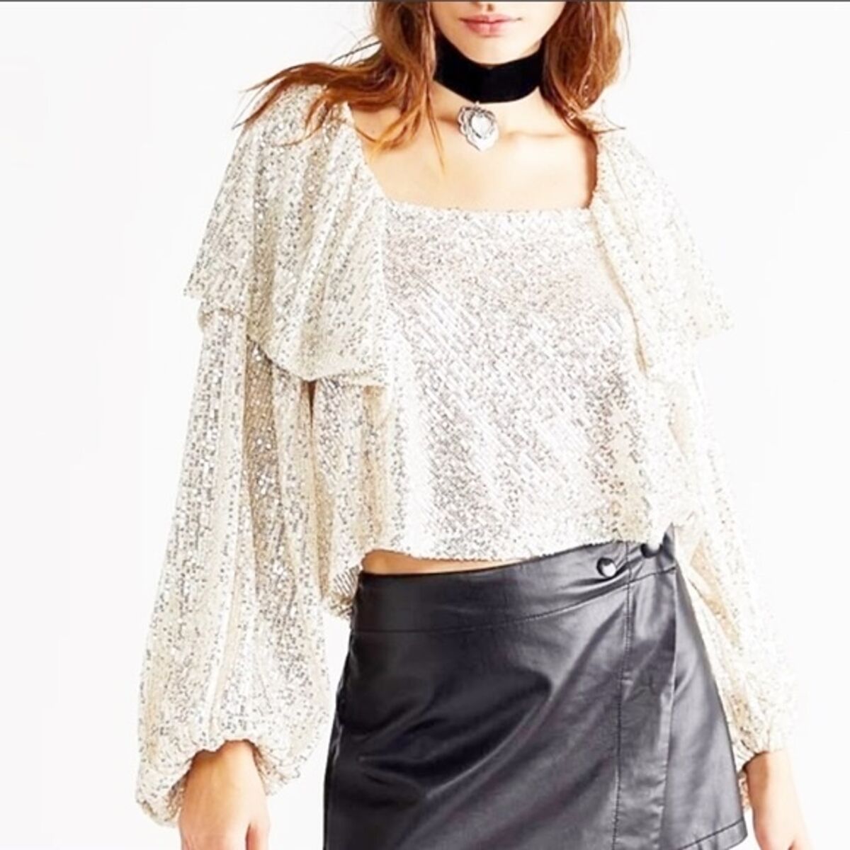Free People Silver Sequin Flowy Back Tie Shimmer Top XS NEW eBay