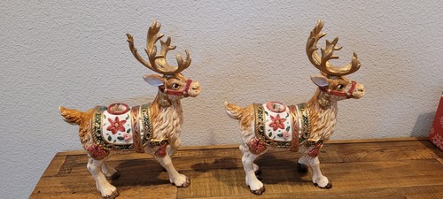 PAIR VINTAGE FITZ FLOYD FATHER CHRISTMAS REINDEER CANDLESTICKS WITH BOX 12" - Picture 2 of 7
