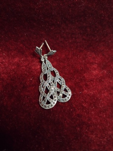 Antique STERLING & MARCASITE Earrings Many Stones Woven Knotted Fine Drop Beauty - Picture 10 of 12