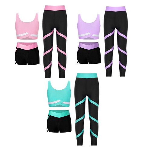 Kids Girls Set Sleeveless Outfit Performance Suit 3Pcs Pants Contrast Color - Picture 1 of 48