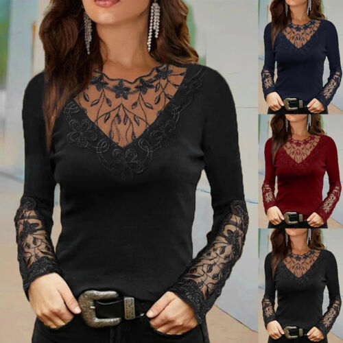 T-shirt donna pizzo manica lunga scollo a V donna casual blusa ampia camicia top slim - Foto 4 di 16