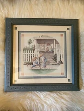 Gerri Buteyn Framed Print in Glass and Hard Blue Plastic “ Kids Playing Marbles”