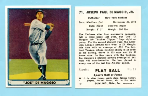 1941 Playball Reprint #71 Joe DiMaggio -- New York Yankees