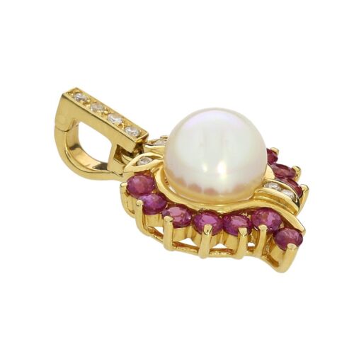 14K Yellow Gold 8.5mm Pearl, Natural Diamond & Ruby Halo Pendant GP-3069-P - Picture 3 of 4
