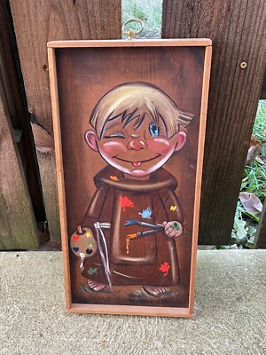Amazing BOY MONK Oil on Wood painting BROTHER MATTHEWS OSF Barn Art Frame TOP 5%