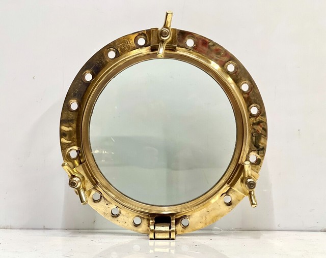 Nautical Vintage Interior Old Brass Ship Round Porthole Window with 2 Dogs Nautical Vintage Interior Old Brass Ship Round Porthole Window with 2 Dogs