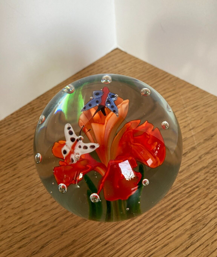 Hand Blown Art Glass Paperweight Butterflies Orange Trumpet Flower Bubbles - Picture 11 of 24