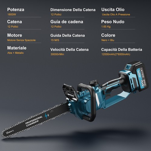 Mini Motosega 12 Pollici Elettrica a Batteria Brushless con 12000mAh 1800W - Foto 2 di 10