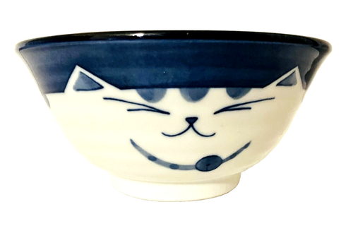Japanese Smiling Happy Cat Porcelain Noodle Rice Soup Bowl Blue & White 3"H 6"W - Picture 2 of 7