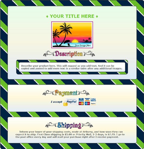 AUCTION TEMPLATE Striped Border Design Dark Blue & Chartreuse - FREE Shipping - Picture 2 of 3