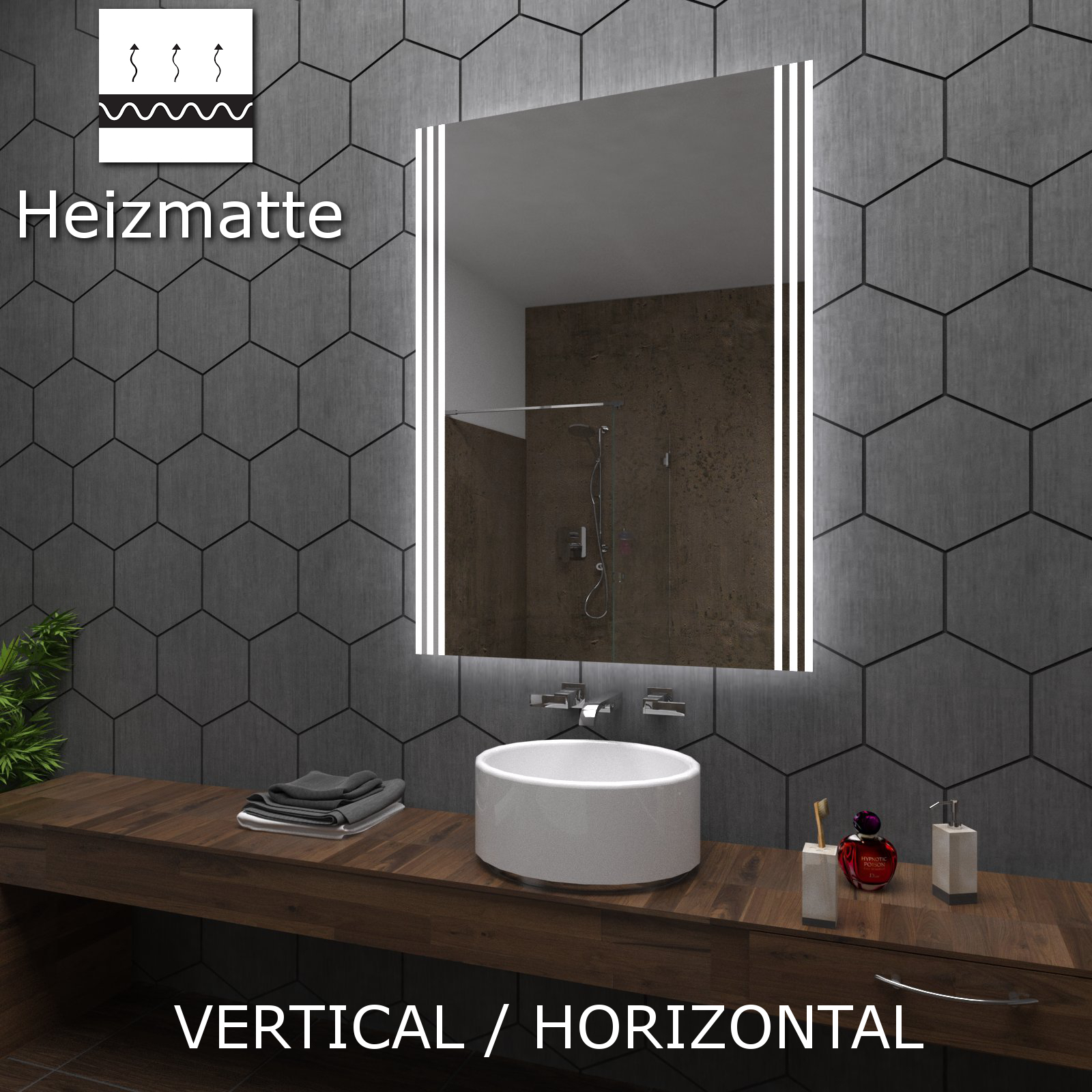 ARICA Badspiegel mit LED Beleuchtung Wandspiegel nach Maß Heizmatte ECO ARICA Badspiegel mit LED Beleuchtung Wandspiegel nach Maß Heizmatte ECO