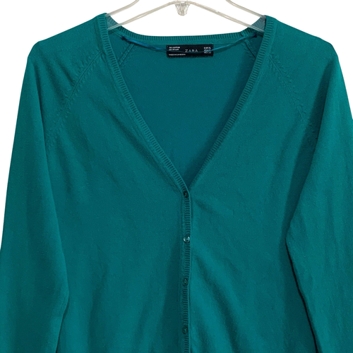 Zara Knit Button Front Cardigan Sweater Womens Size XL V-Neck Green Long Sleeve - Picture 2 of 8