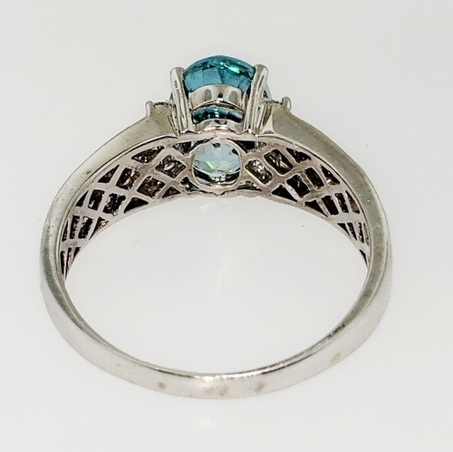 Natural Oval Blue Zircon Round & Baguette Diamond Ring 14k White Gold 3.50Ctw - Picture 6 of 8