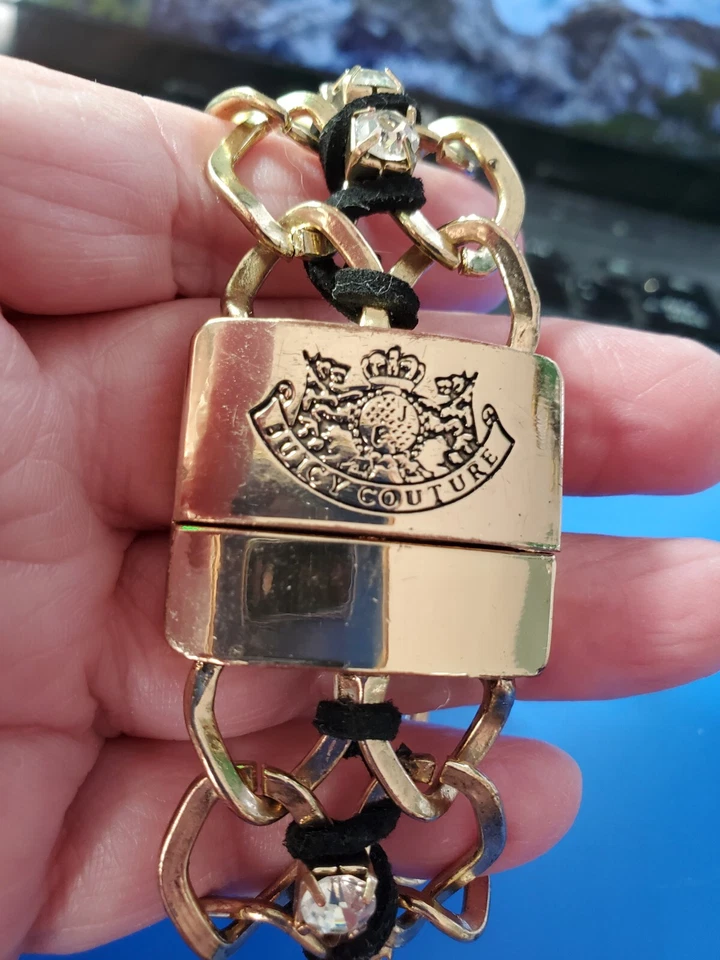 Vintage RARO Pulseira Magnética de Alta Costura Suculenta de Couro Preto Tom Dourado Maciço - Imagem 3 de 4