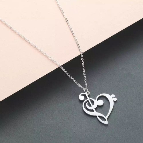 Musical Notes Heart Necklace - Treble Clef & Bass Clef - Musician Jewelry, 18” - Picture 3 of 4