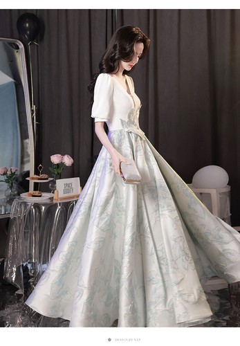 Abito da sera bianco francese leggero lusso donna banchetto festa scollo a V vestito sexy - Foto 14 di 22