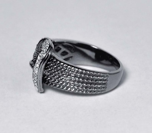 Amazing Round Cut Cubic Zirconia With Black Rhodium 925 Real Silver Buckle Ring - Picture 2 of 5