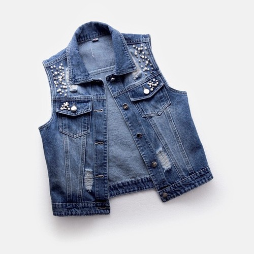 Mujer Chaleco Perlas Vaquero Chaleco Chaqueta Abrigo Sin Mangas Retro Casual Top - Imagen 4 de 6