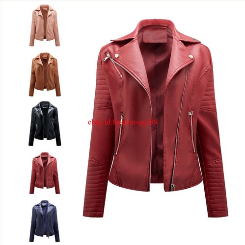 2025 Damen Lederjacke Revers Bikerjacke Kunstleder Übergangs Jacke Jacken Mantel - Bild 1 von 31