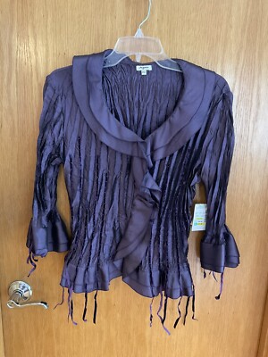 Agora Purple Accordion Button Down Top/Blouse ~ Women s PM ~ Ribbon Accents ~New