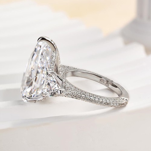 8Ct Lab Created Sapphire Pear Cut Three Stone Wedding Ring 14k White Gold Finish - Picture 11 of 12