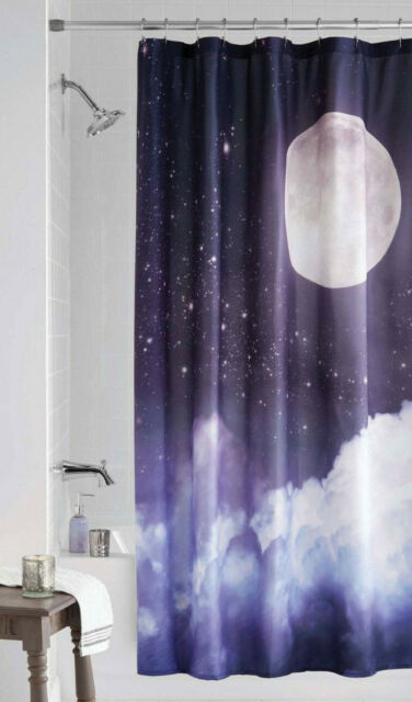 Moon Night Sky Stars Clouds Fabric, Celestial Shower Curtain