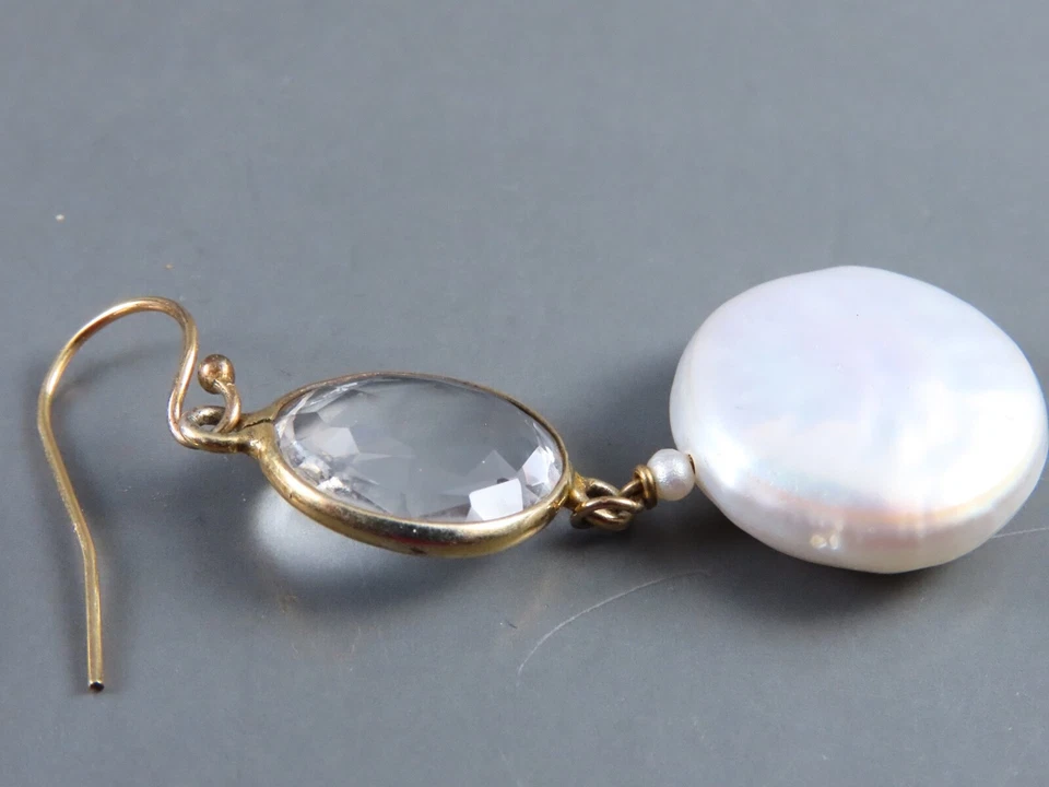 Pendientes colgantes RELLENOS DE ORO 14K GF CUARZO ROCA Y MONEDAS BLANQUECINAS PERLAS Biseles Foto 3 de 4