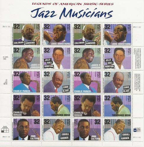 1995 32 cent Jazz foglio completo di 20 Scott #2983-2992, come nuovo NH