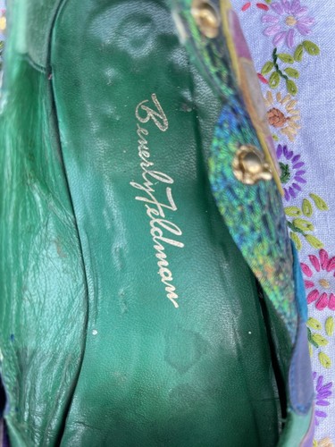 Vintage 80s Beverly Feldman Peacock Applique Leather Wedge Shoes Flats US6 UK4 - Picture 7 of 16