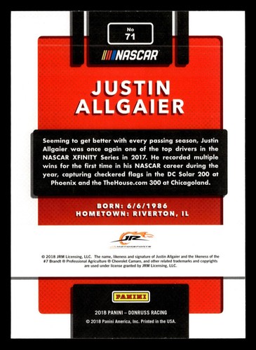 Justin Allgaier 2018 Donruss #71 JR Motorsports NASCAR *119 - Picture 2 of 2