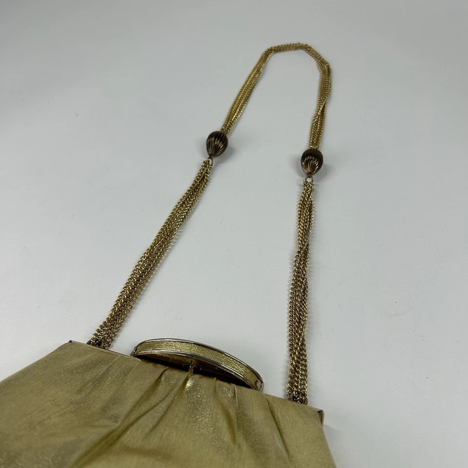 Bolso de Noche Vintage Ande Años 40/60 Dorado Satinado Cartera Cadena Dorada Mango #A43 Foto 3 de 4