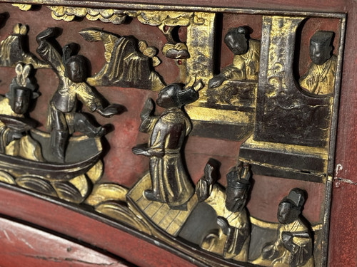 Antique Oriental Chinese Carved Lacquered Gilt Wood Carving Carved Panel 90cm - Picture 19 of 20