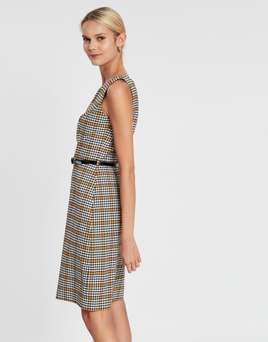 Review Check Plaid Tartan Dress Womens Size 8 Pencil Mustard Yellow Sleeveless - Picture 2 of 10