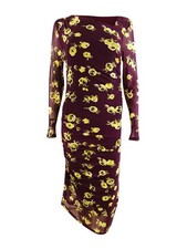 Calvin Klein Women's Floral Print Asymmetrical Mesh Dress (M, Burgundy Multi)