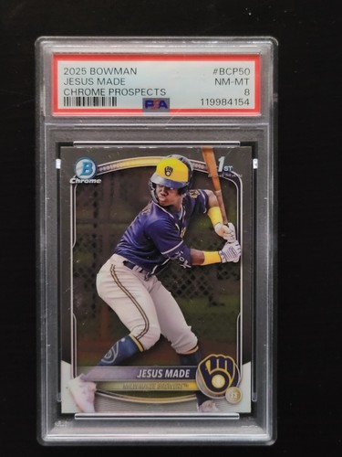 2025 Bowman Chrome Prospects #bcp50 Jesus Made 1st Bowman Brewers PSA 8 - Picture 1 of 2