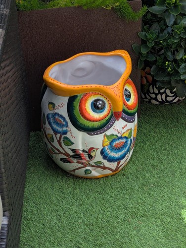 Preciosa maceta de cerámica de búho de 14 pulgadas, cerámica Talavera hecha a mano - Imagen 5 de 8