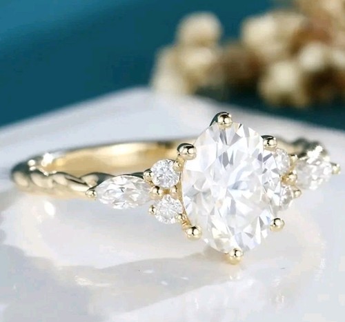Halo Engagement Ring Round Cut Center Stone Moissonite 14 K Gold Plated - Picture 3 of 4