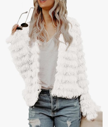 Damen vorne offen Kunstfell Cardigan Vintage Parka Shaggy Jacke (klein, weiß) - Bild 1 von 5